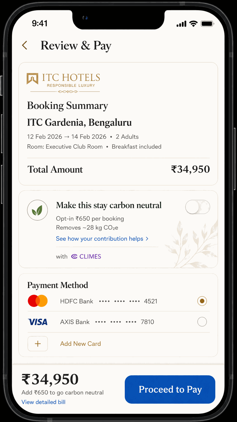 ITC Hotels Review & Pay checkout with Climes carbon-neutral opt-in