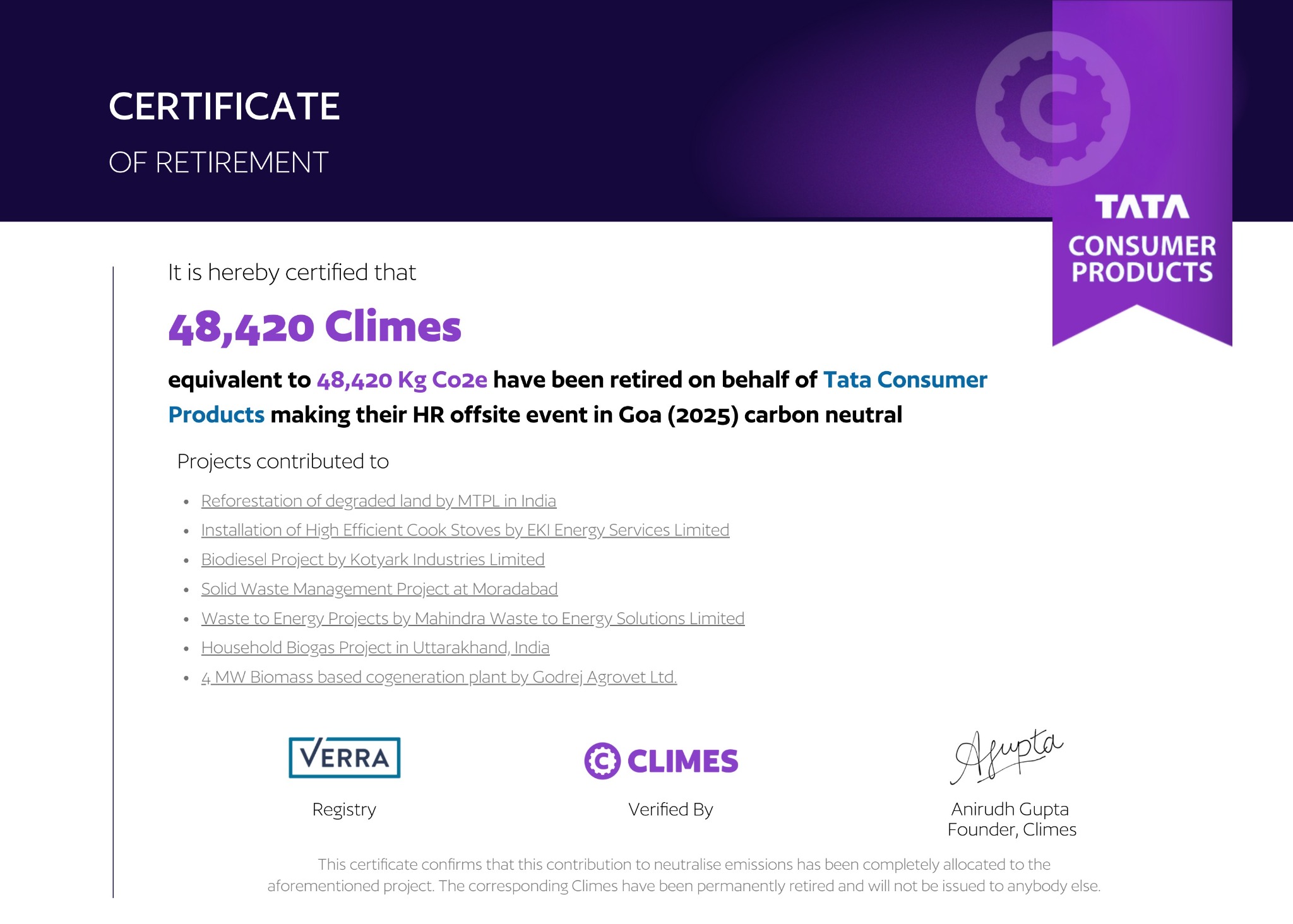 Certificate of retirement